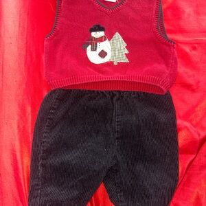 Red Snowman Sweater Vest & Black Corduroy Pants Set